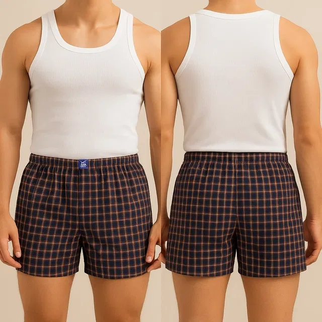 Polycotton Checkered Boxers for Men (Blue, L)