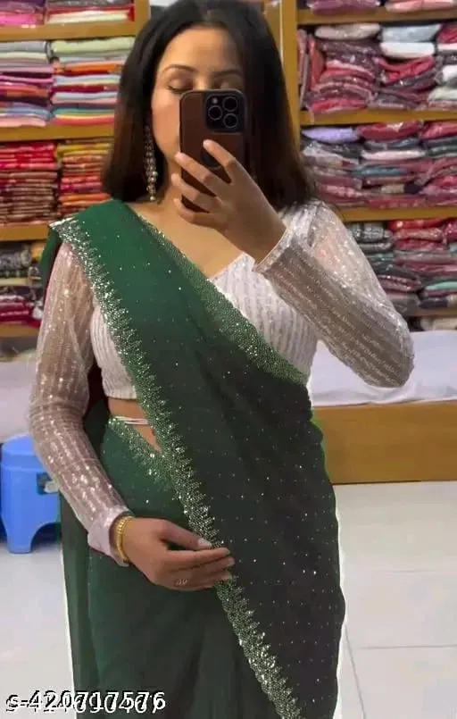 Georgette Embellished Saree for Women (Green, 6.3 m)