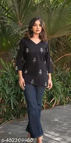 Cotton Solid Short Kurti for Women, Black 