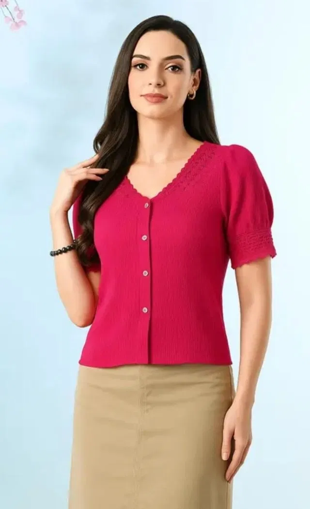 Cotton Blend Solid Top for Women, Pink (XL)