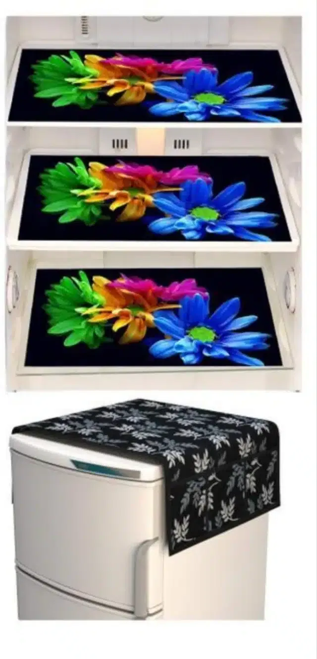 Knit Printed Fridge 3 Pcs Mat with Top Cover (Multicolor, Set of 1)