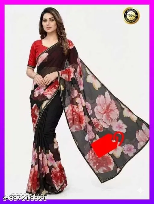 Chiffon Saree for Women (Black, Free Size)