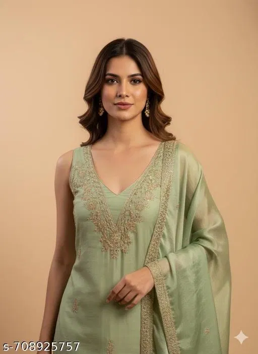 Bandhani Printed Jaipuri Designs Georgette Kurti Set for Women (Green, Un Stitched)