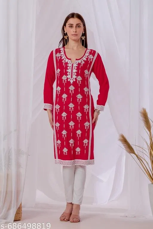 Embroidered Pink Rayon Beads Work Kurti for Women (Red, L)