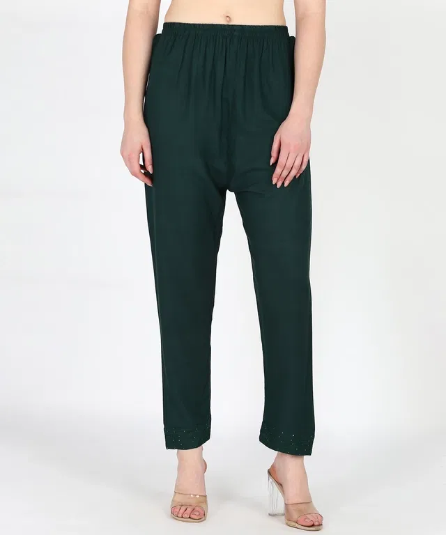 Rayon Solid Trousers for Women (Green, L)