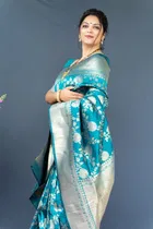 Litchi Silk Zari Woven Saree for Women, Aqua Blue 