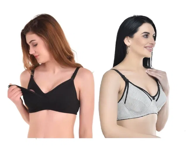 Cotton Blend Solid Non Padded Feeding Bras for Women (Multicolor, 40) (Pack of 2)