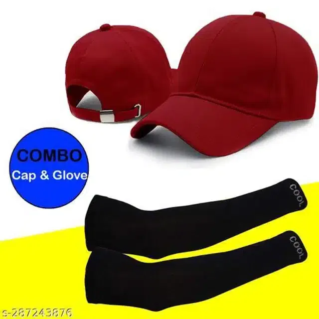 Cotton Arm Sleeves & Cap for Men & Women (Black & Red, Set of 2)