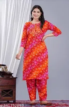 Rayon Printed Kurta with Pant for Women, Orange & Pink 