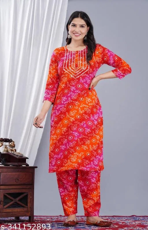 Rayon Printed Kurta with Pant for Women, Orange & Pink (XXL)