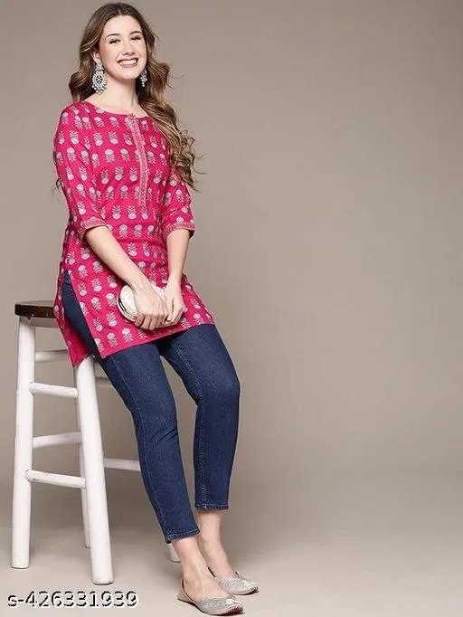 Rayon Printed Short Kurti for Women, Pink (XS)