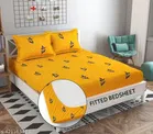Poly Cotton Elastic Fitted Bedsheet with 2 Pillow Cover Floral Yellow & Leaf Cream Print Pack of 2