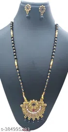 Alloy Mangalsutra with Earrings for Women (Black & Gold, Set of 1)