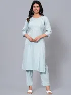 Rayon Printed Women's Kurta with Pant Set (Blue, S)
