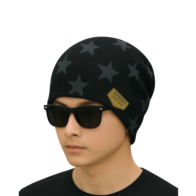 Woolen Fur Winter Cap for Men (Black & Grey, Free Size)