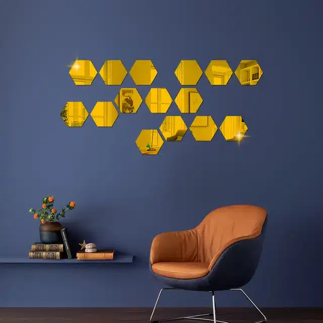 Acrylic Hexagon Shaped Wall Mirror Stickers (Gold, Pack of 15)