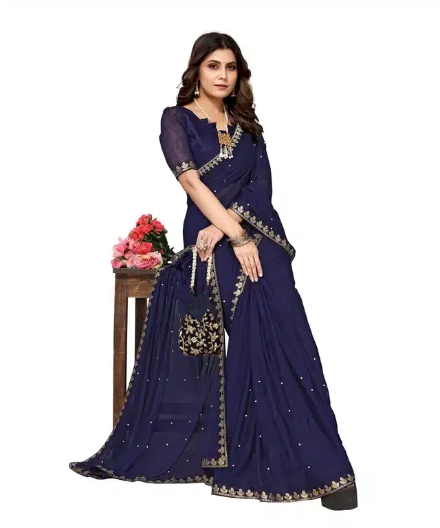 Lycra Solid Saree for Women (Navy Blue, 6 m)