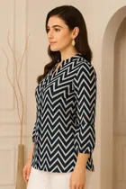 Women's Geometric Print Regular Sleeve Mandarin Collar Top, XL 