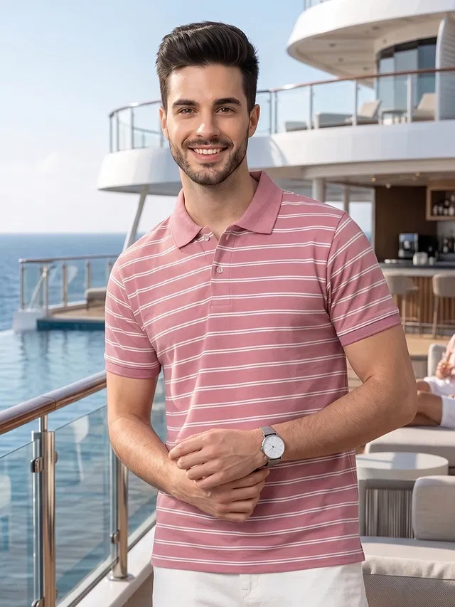Striped Polo T-shirt for Men (Pink, L)