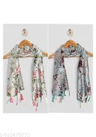 Printed Chiffon Scarves with Tassels for Women, Multicolor, Pack of 2