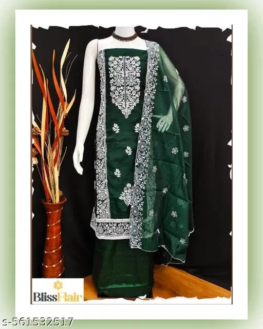 Chanderi Cotton Pakistani Suits for Women (Green, Un Stitched)
