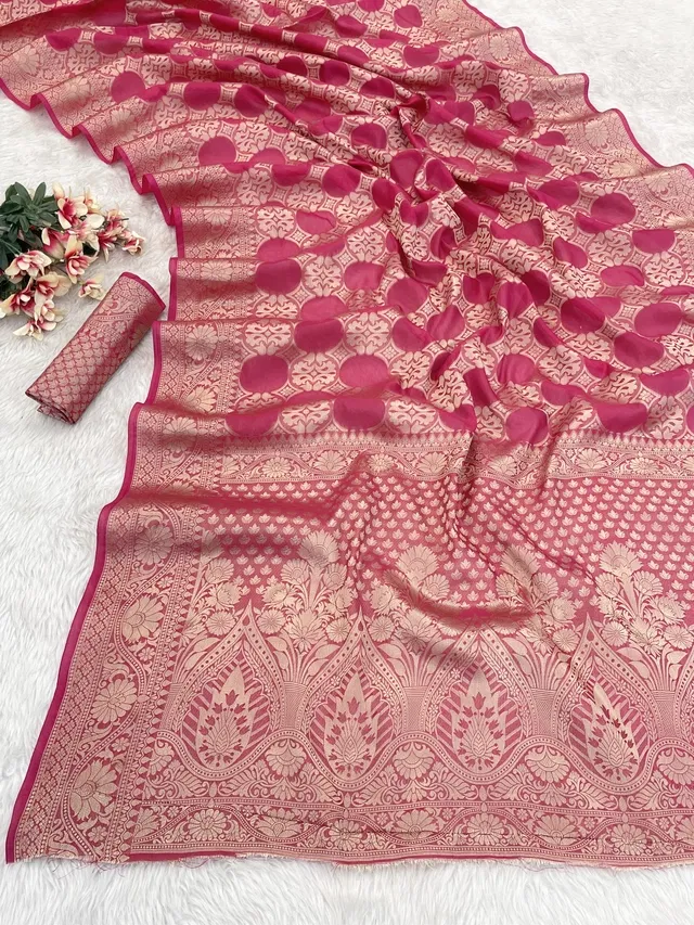 Organza Zari Woven Saree for Women (Pink, 6.3 m)