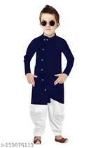 Cotton Solid Kurta with Pyjama for Boys (2-3 Years, Navy Blue & White)