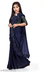 Polycotton Solid Saree with Blouse for Girls (Navy Blue, 3-4 Years)