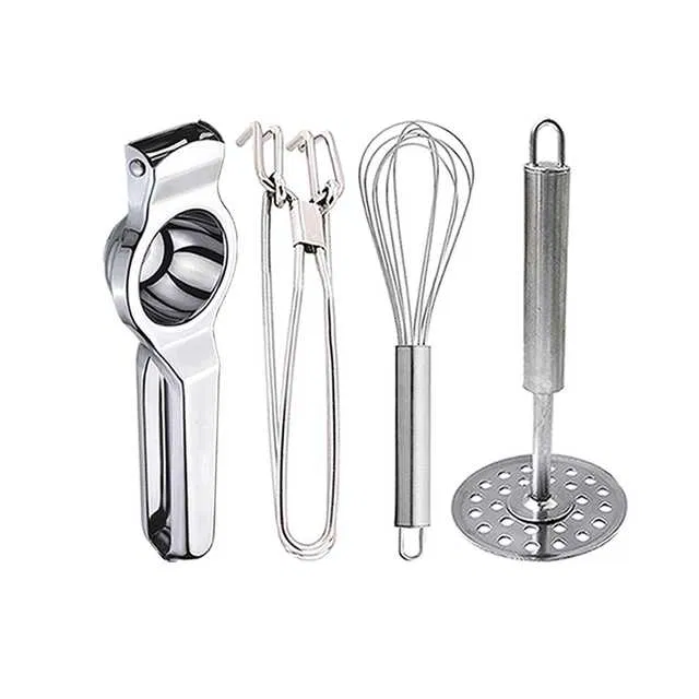 Stainless Steel Lemon Squeezer & Pakkad & Egg Whisk & Potato Masher For Kitchen (Set of 4) (OC-080)