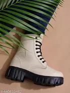 Shoetopia Solid Block Heel Boots Cream 