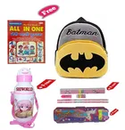 Combo of Kids Cartoon Bag Backpack, All In One Book, Water Bottle & Gift Set Geometry Set 
