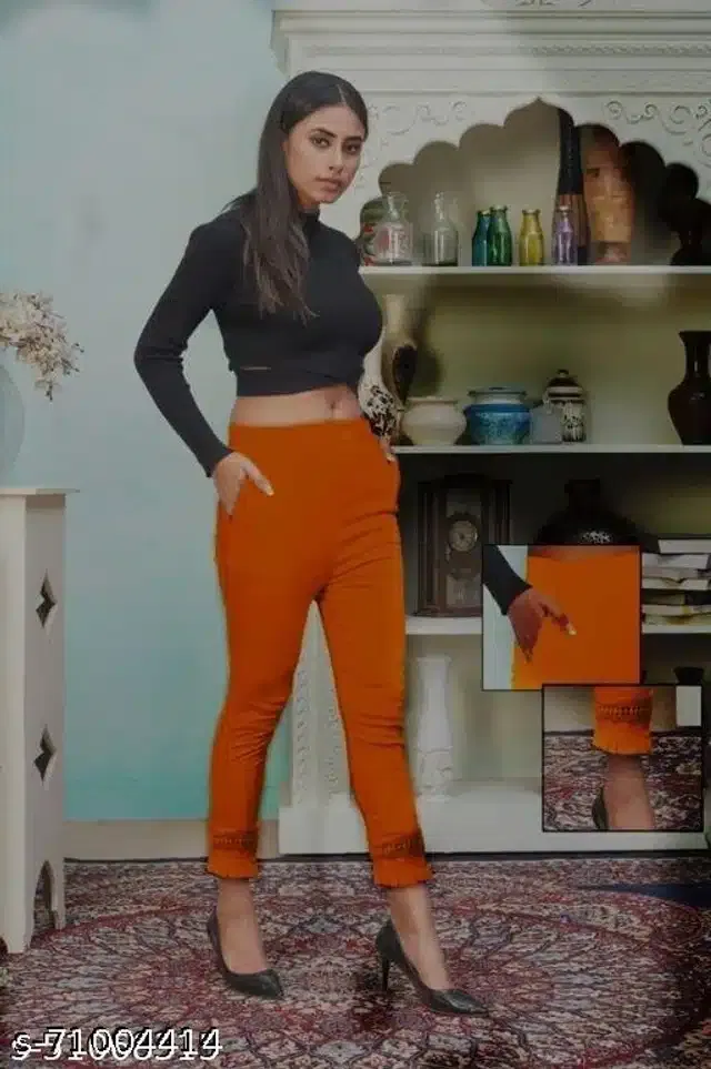 Cotton Lycra Trouser for Women (Rust, 34)