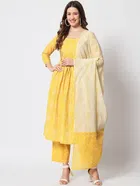 Cotton Printed Kurta with Pant & Dupatta for Women (Yellow, S)
