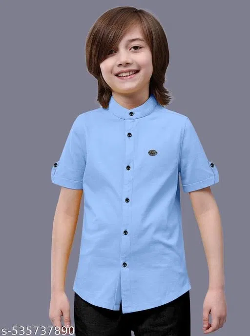 Solid Cotton Blend Mandarin Collar Short Sleeve Shirt for Boys (Aqua Blue, 4-5 Years)
