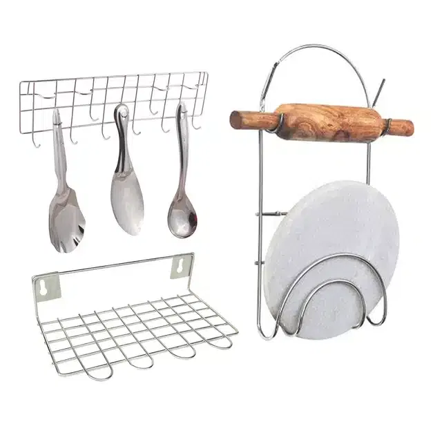 Stainless Steel Chakla Belan Stand & Wall Mounted Ladle Rail with Utensil Stand (Set of 3, Silver)