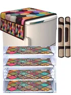 Knit Printed Fridge 4 Pcs Mat with 2 Pcs Handle & Top Cover 