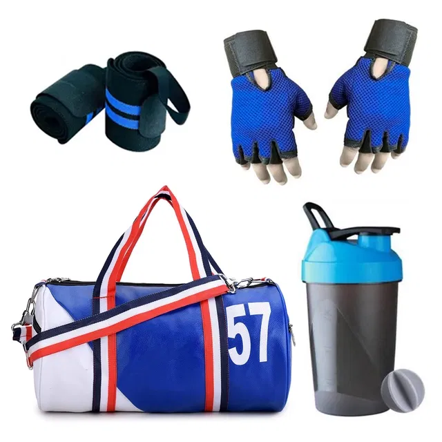 Polyester Printed Gym Bag with Gloves, Wristband & Shaker Bottle (400 ml) for Men & Women (Multicolor, Set of 1)