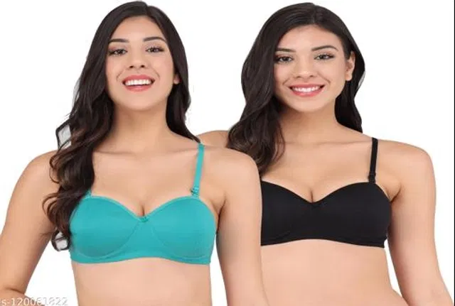 Cotton Blend Solid Padded Bra for Women (Sky Blue & Black, 40B) (Pack of 2)