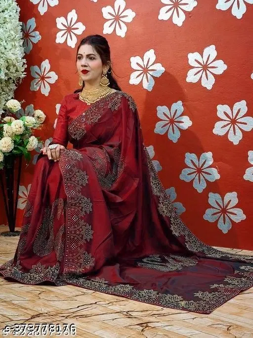 Georgette Embroidered Saree For Women, Maroon