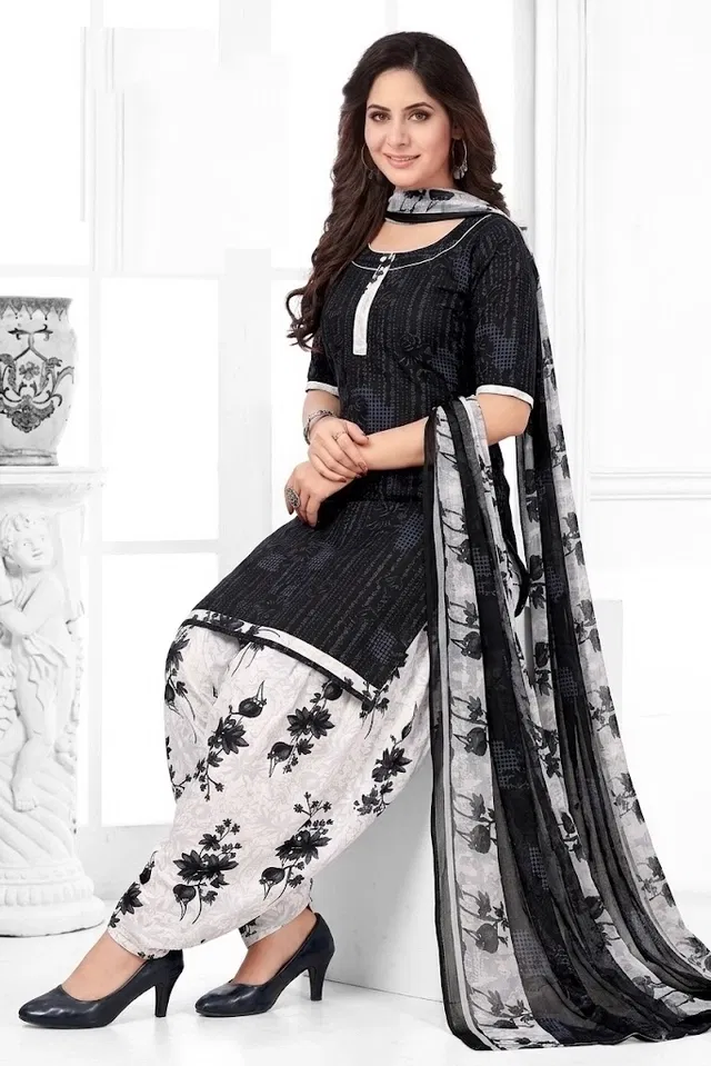 Punjabi Floral Suit for Women (Black, Black)