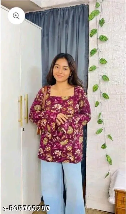 Rayon Printed Short Kurti for Women, Maroon (M)