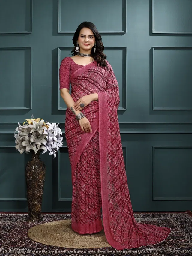 Georgette Printed Saree for Women (Peach, 6.3 m)