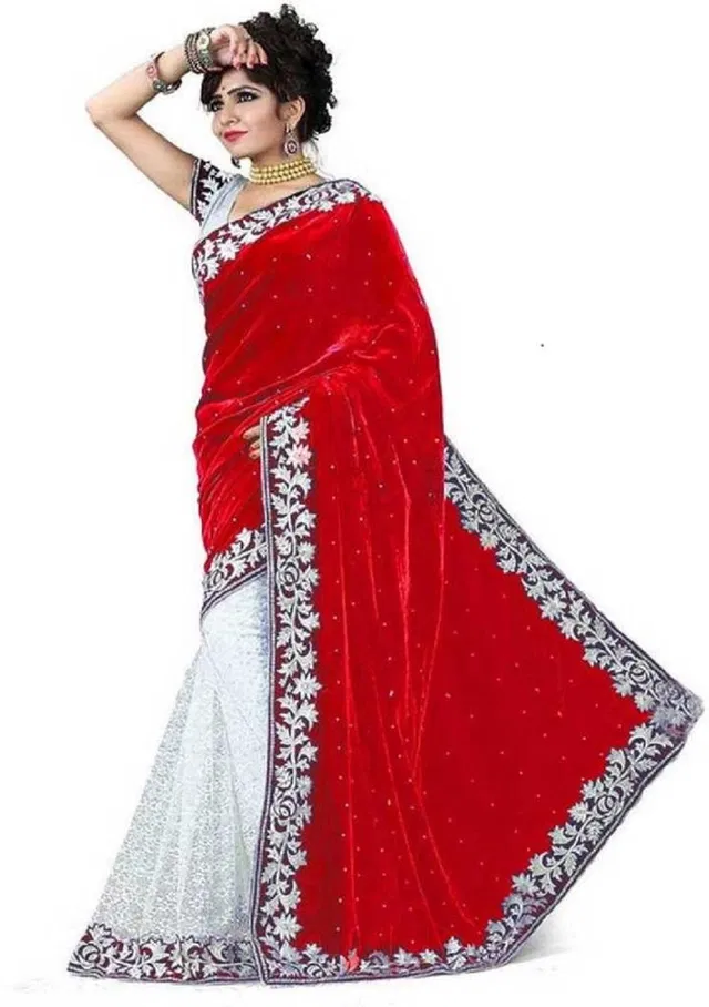 Velvet Embellished Saree for Women (Red, 6.3 m)