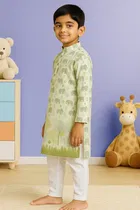 Cotton Blend Printed Kurta with Payjama for Boys, Green & White 