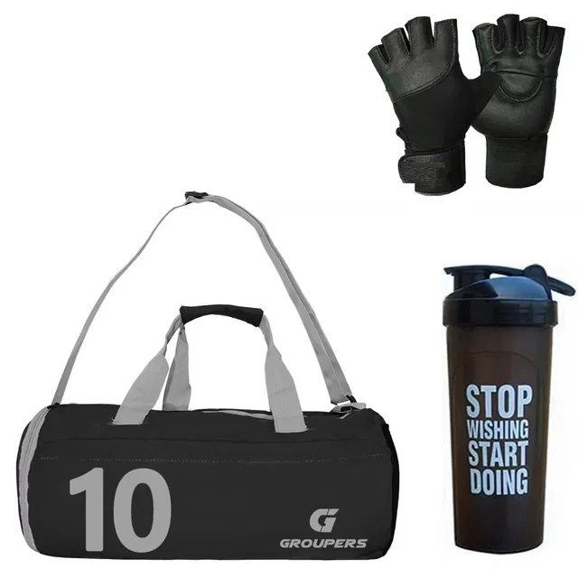 Polyester Printed Gym Bag with Gloves & Shaker Bottle (700 ml) for Men & Women (Black, Set of 1)