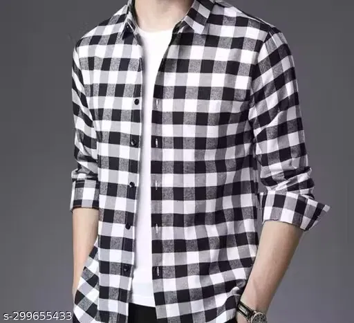 Checkered Casual Polycotton Shirt for Mens ,Black & White (L)