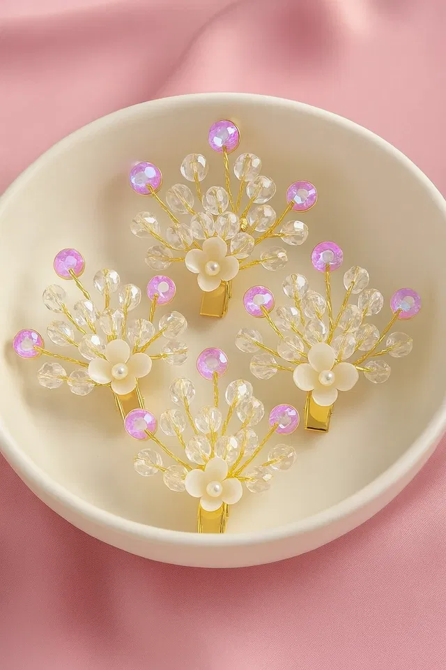 Pearl & Crystal Hair Clip for Women & Girls, White, Pack of 5