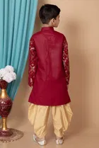 Dupion Silk Embellished Kurta with Dhoti for Boys, Maroon & Golden 
