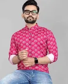 Cotton Blend Printed Short Kurta for Men, Pink (L)