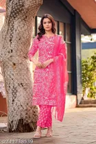 Cotton Silk Printed Kurta With Paint & Dupatta Set for Women, Pink 